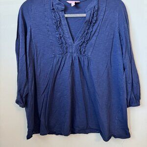 Lilly Pulitzer Size Medium (M) Women's Navy Blue Ruffle Detail Long Sleeve Blous
